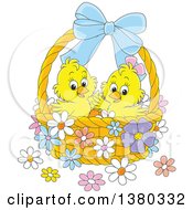 Poster, Art Print Of Basket With Two Cute Easter Chicks And Flowers