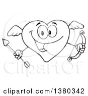 Poster, Art Print Of Black And White Lineart Heart Character Cupid Holding A Bow And Arrow