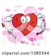 Poster, Art Print Of Heart Character Cupid Holding A Bow And Arrow Over Pink And Purple