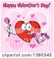 Poster, Art Print Of Happy Valentines Day Greeting Over A Heart Character Holding A Rose And Candy Box On Pink