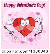 Poster, Art Print Of Happy Valentines Day Greeting Over A Heart Character Cupid Holding A Bow And Arrow On Pink