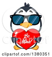 Poster, Art Print Of Cute Valentines Day Penguin Wearing Sunglasses And Holding A Be Mine Love Heart