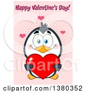 Poster, Art Print Of Happy Valentines Day Greeting Over A Cute Day Penguin Holding A Love Heart Over Pink