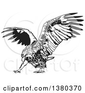 Clipart Of A Black And White Flying Eagle Ready To Grab Prey Royalty Free Vector Illustration