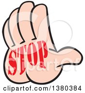 Clipart Of A Caucasian Hand Gesturing To Hold It With Stop Text Royalty Free Vector Illustration