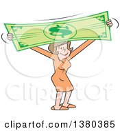 Pleased Brunette Caucasian Woman Stretching The Dollar