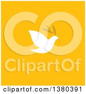 Poster, Art Print Of White Peace Dove Flying With A Branch Over Yellow