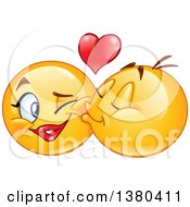 Poster, Art Print Of Yellow Cartoon Emoticon Smiley Face Emoji Kissing A Female On The Cheek