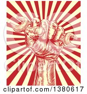 Poster, Art Print Of Retro Woodcut Fisted Hand Holding A Spanner Wrench Over Pastel Yellow And Red Rays