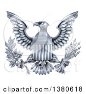 Poster, Art Print Of Silver Great Seal Of The United States Bald Eagle With An American Flag Shield Holding An Olive Branch And Silver Arrows