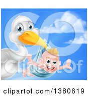 Poster, Art Print Of Stork Bird Holding A Happy Baby Boy In A Blue Bundle Against Sky