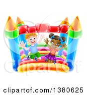 Cartoon Happy White Boy And Black Girl Jumping On A Bouncy House Castle