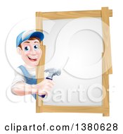 Clipart Of A Happy Middle Aged Brunette Caucasian Worker Man Holding A Hammer Around A Sign Royalty Free Vector Illustration