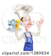 White Male Chef With A Curling Mustache Gesturing Ok And Holding A Fish And Chips On A Tray