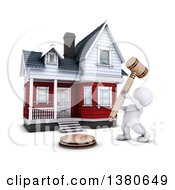 Poster, Art Print Of 3d White Man Auctioneer Banging A Gavel In Front Of A Home On A White Background