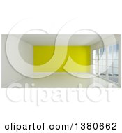 Clipart Of A 3d Empty Room Interior With Floor To Ceiling Windows White Flooring And A Yellow Feature Wall Royalty Free Illustration