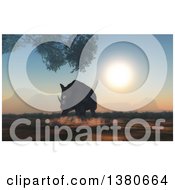 Poster, Art Print Of 3d Charging Rhino Against A Sunset
