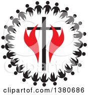 Poster, Art Print Of Black And White Unity Circle Of People Holding Hands Around A Cross With Red Flames