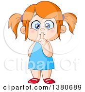 Cartoon Red Haired Caucasian Girl Shushing With A Finger On Her Lips
