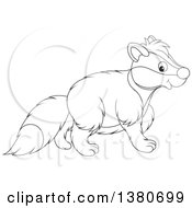 Clipart Of A Black And White Lineart Honey Badger Walking Royalty Free Vector Illustration