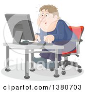 Poster, Art Print Of Chubby White Man Looking Excited And Sitting At A Computer Desk