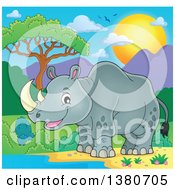 Poster, Art Print Of Happy Rhinceros By A Watering Hole