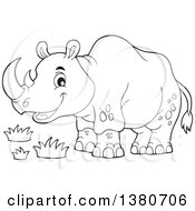 Clipart Of A Black And White Lineart Happy Rhinceros Royalty Free Vector Illustration by visekart