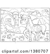 Poster, Art Print Of Black And White Lineart Horse In A Barnyard