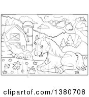 Poster, Art Print Of Black And White Lineart Horse Resting In A Barnyard