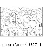 Poster, Art Print Of Black And White Lineart Pony And Horse In A Barnyard