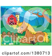 Poster, Art Print Of Cute Brown And Blond Pony Resting By A Barn