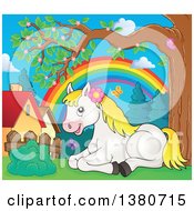 Poster, Art Print Of Cute White And Blond Pony Resting Near Homes And A Rainbow In The Spring