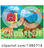 Poster, Art Print Of Cute Brown Foal And Horse Near Hay Rolls In A Barnyard