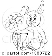 Clipart Of A Black And White Lineart Bunny Rabbit Holding A Flower Royalty Free Vector Illustration