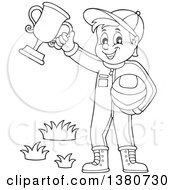 Clipart Of A Black And White Lineart Race Car Driver Holding His Helmet And First Place Trophy Royalty Free Vector Illustration