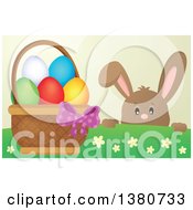 Poster, Art Print Of Brown Bunny Rabbit Peeking Over A Hill At An Easter Basket Full Of Eggs