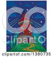 Poster, Art Print Of Brick Windmill And House On Top Of A Hill Against A Night Sky