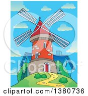 Poster, Art Print Of Brick Windmill And House On Top Of A Hill Against A Day Sky