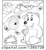 Black And White Lineart Busy Bee Hive And A Happy Bear