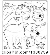 Clipart Of A Black And White Lineart Busy Bee Hive And A Happy Bear Royalty Free Vector Illustration