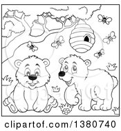 Poster, Art Print Of Black And White Lineart Busy Bee Hive And A Happy Bears