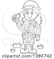 Poster, Art Print Of Black And White Happy Female Soldier Holding A Walkie Talkie