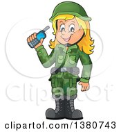 Poster, Art Print Of Happy Blond White Female Soldier Holding A Walkie Talkie