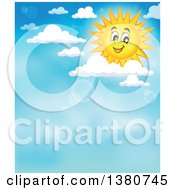 Poster, Art Print Of Happy Sun Character With Clouds And Flares In A Blue Sky