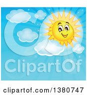 Poster, Art Print Of Happy Sun Character With Clouds And Rays In A Blue Sky