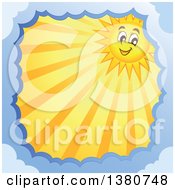 Poster, Art Print Of Happy Sun Character With Rays In A Border Of Clouds