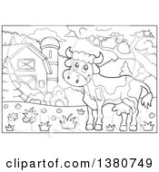 Poster, Art Print Of Black And White Lineart Cow In A Barnyard
