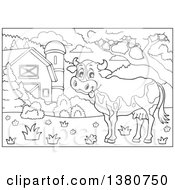 Clipart Of A Black And White Lineart Cow In A Barnyard Royalty Free Vector Illustration by visekart