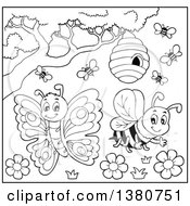 Clipart Of A Black And White Busy Bee Hive And Insects Royalty Free Vector Illustration