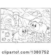Poster, Art Print Of Black And White Lineart Pigs At A Mud Puddle In A Barnyard
